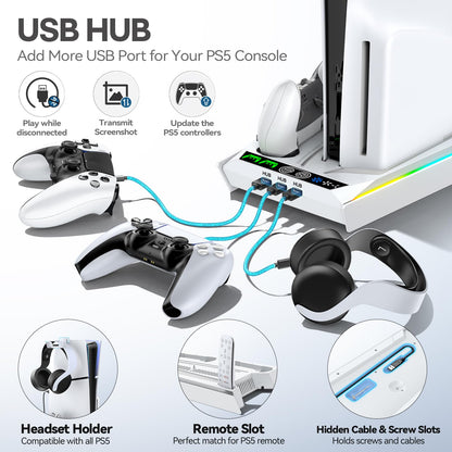 PS5/Slim/Pro Stand for Disc & Digital Console, PS5 Cooling & Charging Station with RGB Lights, PS5 Controller Charger Built-in 3 Level & AUTO Adjustable Fan, PS5/Slim/Pro Accessories Comes 3 USB Ports