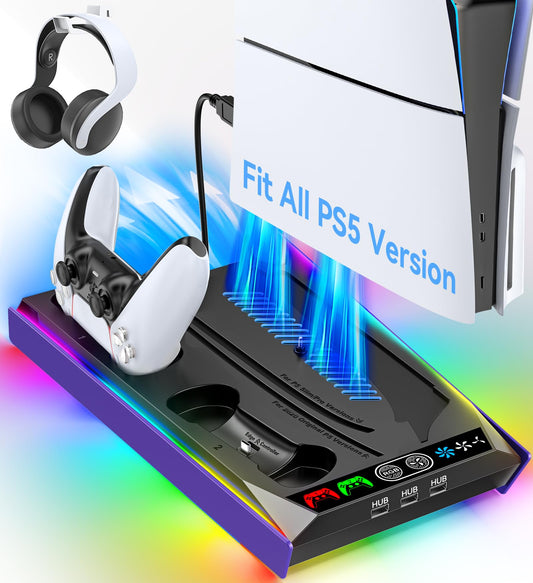 PS5/Slim/Pro Stand for Disc & Digital Console, PS5 Cooling & Charging Station with RGB Lights, PS5 Controller Charger Built-in 3 Level & AUTO Adjustable Fan, PS5/Slim/Pro Accessories Comes 3 USB Ports