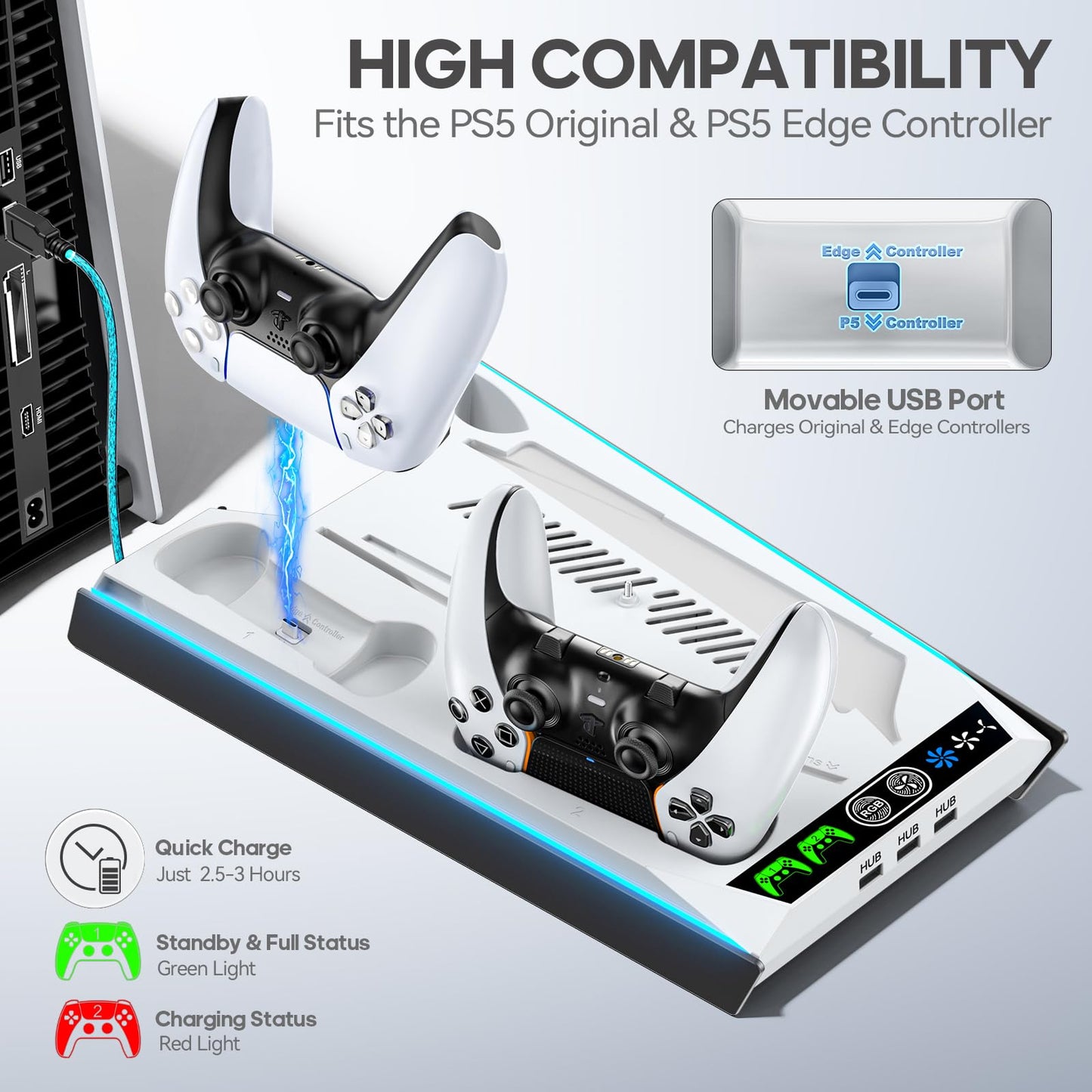 PS5/Slim/Pro Stand for Disc & Digital Console, PS5 Cooling & Charging Station with RGB Lights, PS5 Controller Charger Built-in 3 Level & AUTO Adjustable Fan, PS5/Slim/Pro Accessories Comes 3 USB Ports