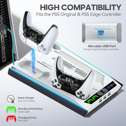 PS5/Slim/Pro Stand for Disc & Digital Console, PS5 Cooling & Charging Station with RGB Lights, PS5 Controller Charger Built-in 3 Level & AUTO Adjustable Fan, PS5/Slim/Pro Accessories Comes 3 USB Ports