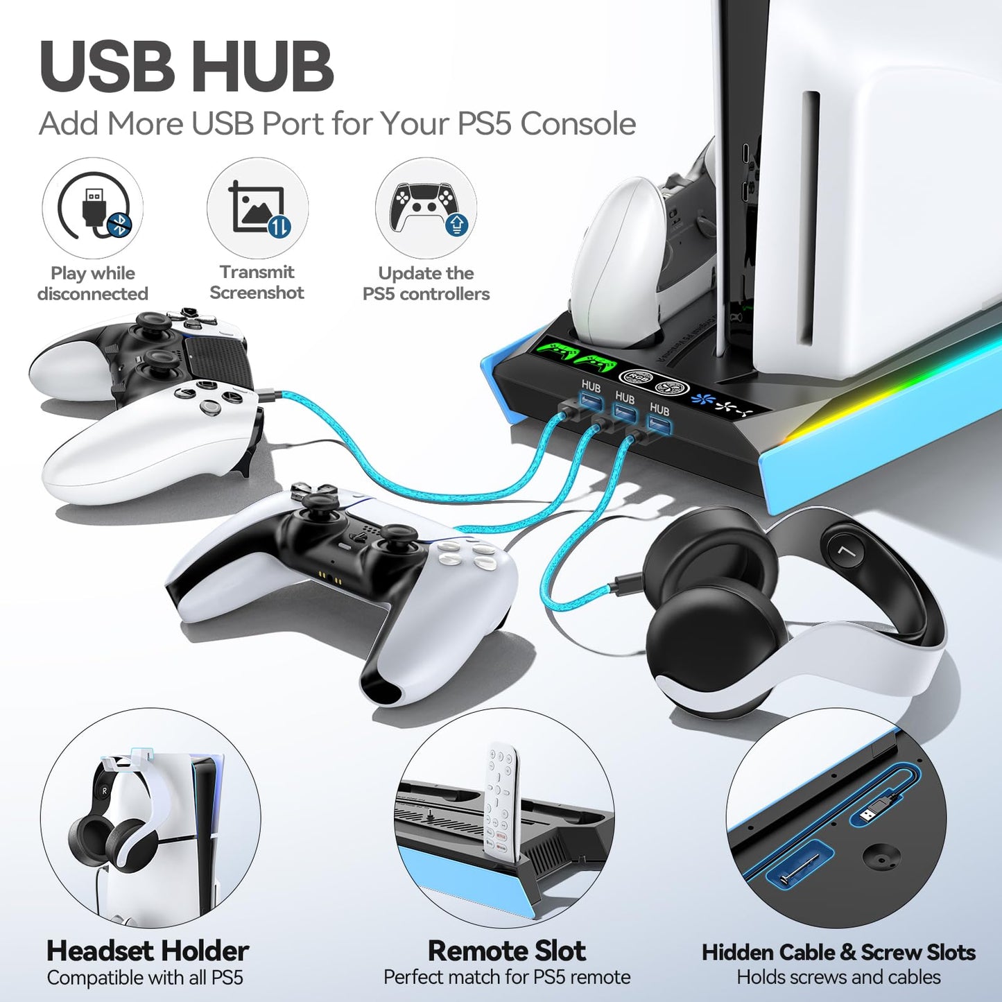 PS5/Slim/Pro Stand for Disc & Digital Console, PS5 Cooling & Charging Station with RGB Lights, PS5 Controller Charger Built-in 3 Level & AUTO Adjustable Fan, PS5/Slim/Pro Accessories Comes 3 USB Ports