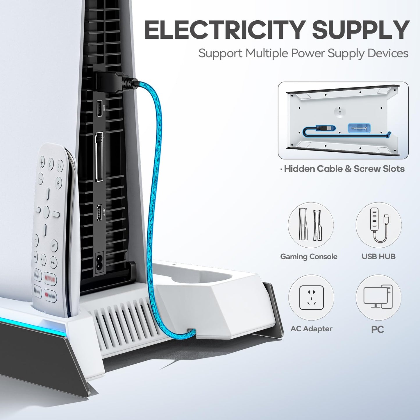 PS5/Slim/Pro Stand for Disc & Digital Console, PS5 Cooling & Charging Station with RGB Lights, PS5 Controller Charger Built-in 3 Level & AUTO Adjustable Fan, PS5/Slim/Pro Accessories Comes 3 USB Ports