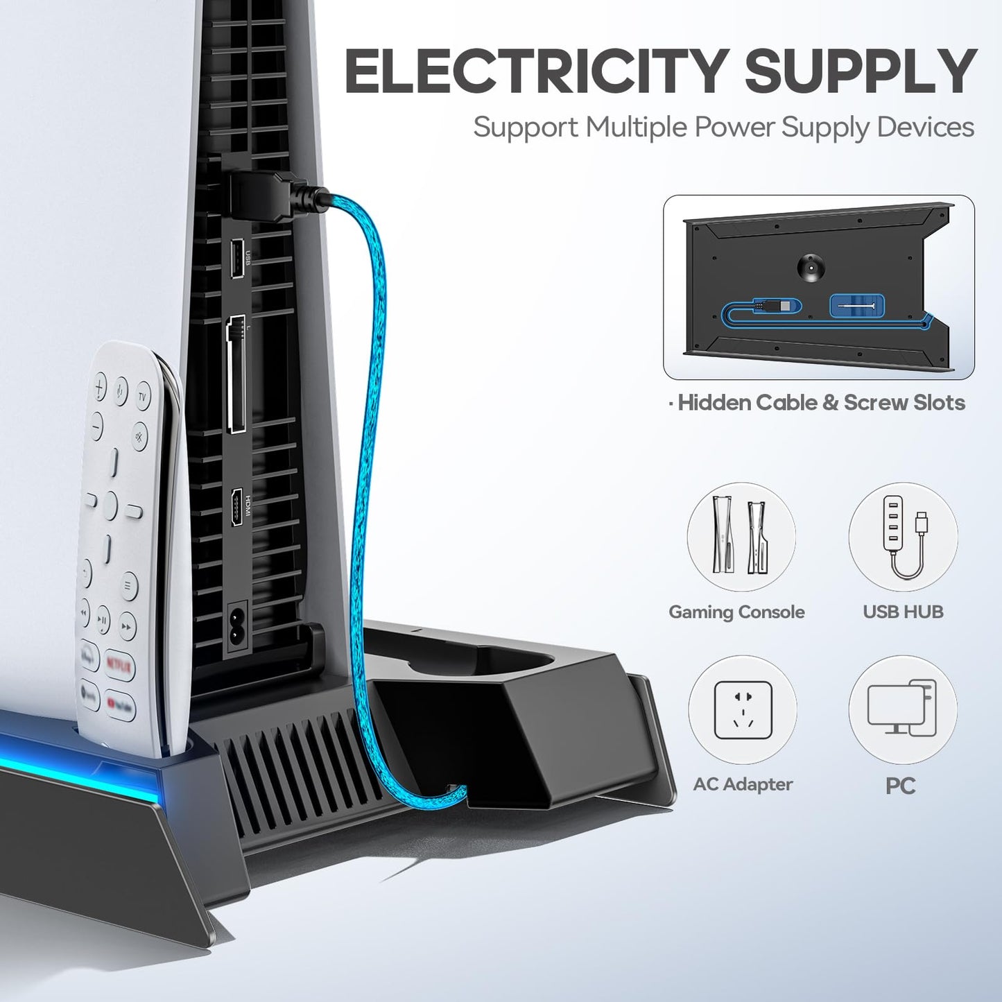 PS5/Slim/Pro Stand for Disc & Digital Console, PS5 Cooling & Charging Station with RGB Lights, PS5 Controller Charger Built-in 3 Level & AUTO Adjustable Fan, PS5/Slim/Pro Accessories Comes 3 USB Ports