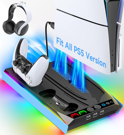 PS5/Slim/Pro Stand for Disc & Digital Console, PS5 Cooling & Charging Station with RGB Lights, PS5 Controller Charger Built-in 3 Level & AUTO Adjustable Fan, PS5/Slim/Pro Accessories Comes 3 USB Ports