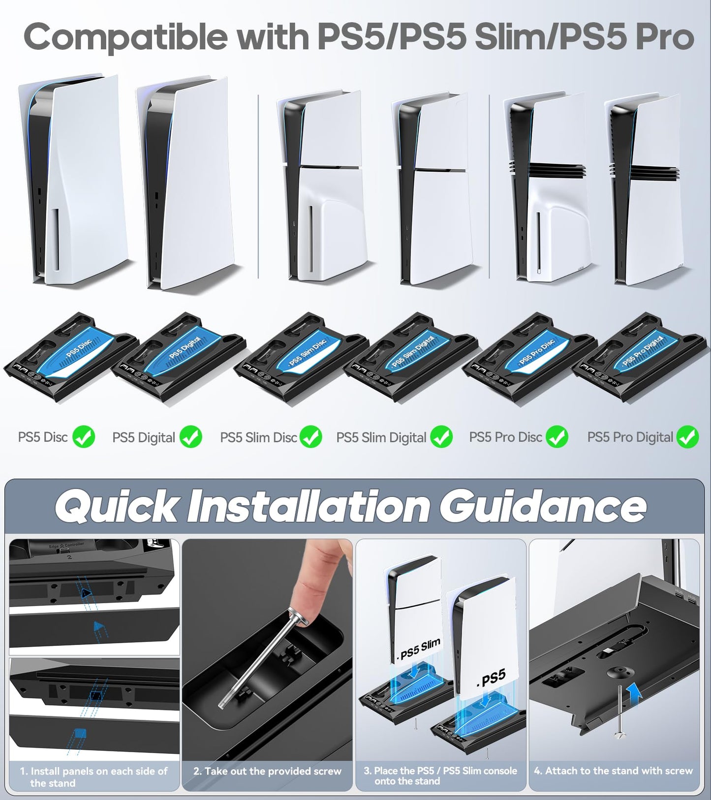 PS5/Slim/Pro Stand for Disc & Digital Console, PS5 Cooling & Charging Station with RGB Lights, PS5 Controller Charger Built-in 3 Level & AUTO Adjustable Fan, PS5/Slim/Pro Accessories Comes 3 USB Ports