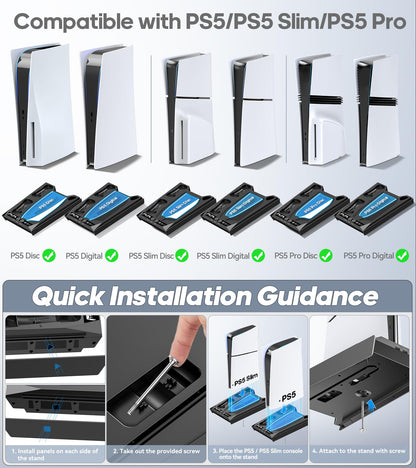 PS5/Slim/Pro Stand for Disc & Digital Console, PS5 Cooling & Charging Station with RGB Lights, PS5 Controller Charger Built-in 3 Level & AUTO Adjustable Fan, PS5/Slim/Pro Accessories Comes 3 USB Ports