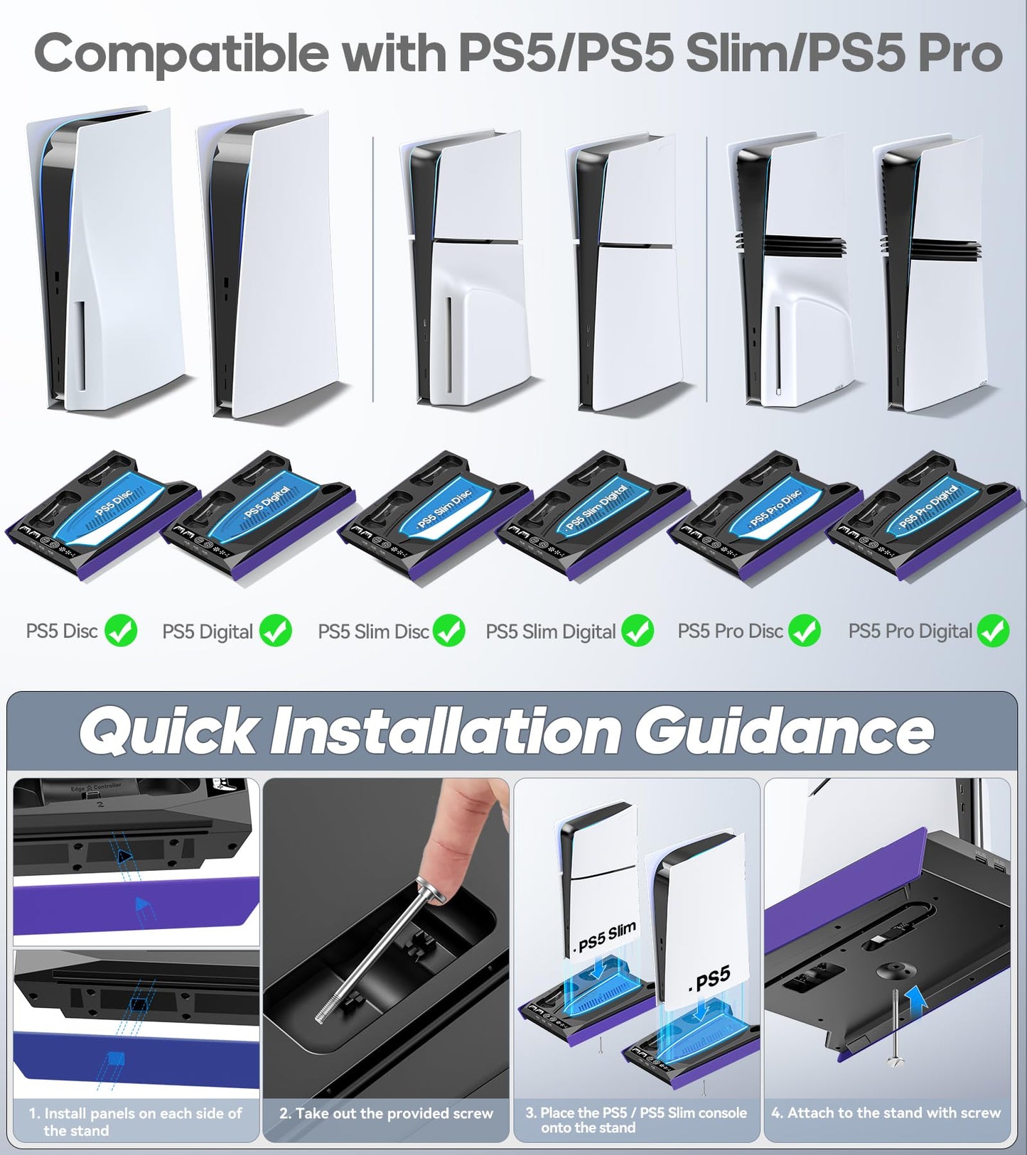 PS5/Slim/Pro Stand for Disc & Digital Console, PS5 Cooling & Charging Station with RGB Lights, PS5 Controller Charger Built-in 3 Level & AUTO Adjustable Fan, PS5/Slim/Pro Accessories Comes 3 USB Ports