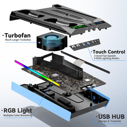 PS5/Slim/Pro Stand for Disc & Digital Console, PS5 Cooling & Charging Station with RGB Lights, PS5 Controller Charger Built-in 3 Level & AUTO Adjustable Fan, PS5/Slim/Pro Accessories Comes 3 USB Ports