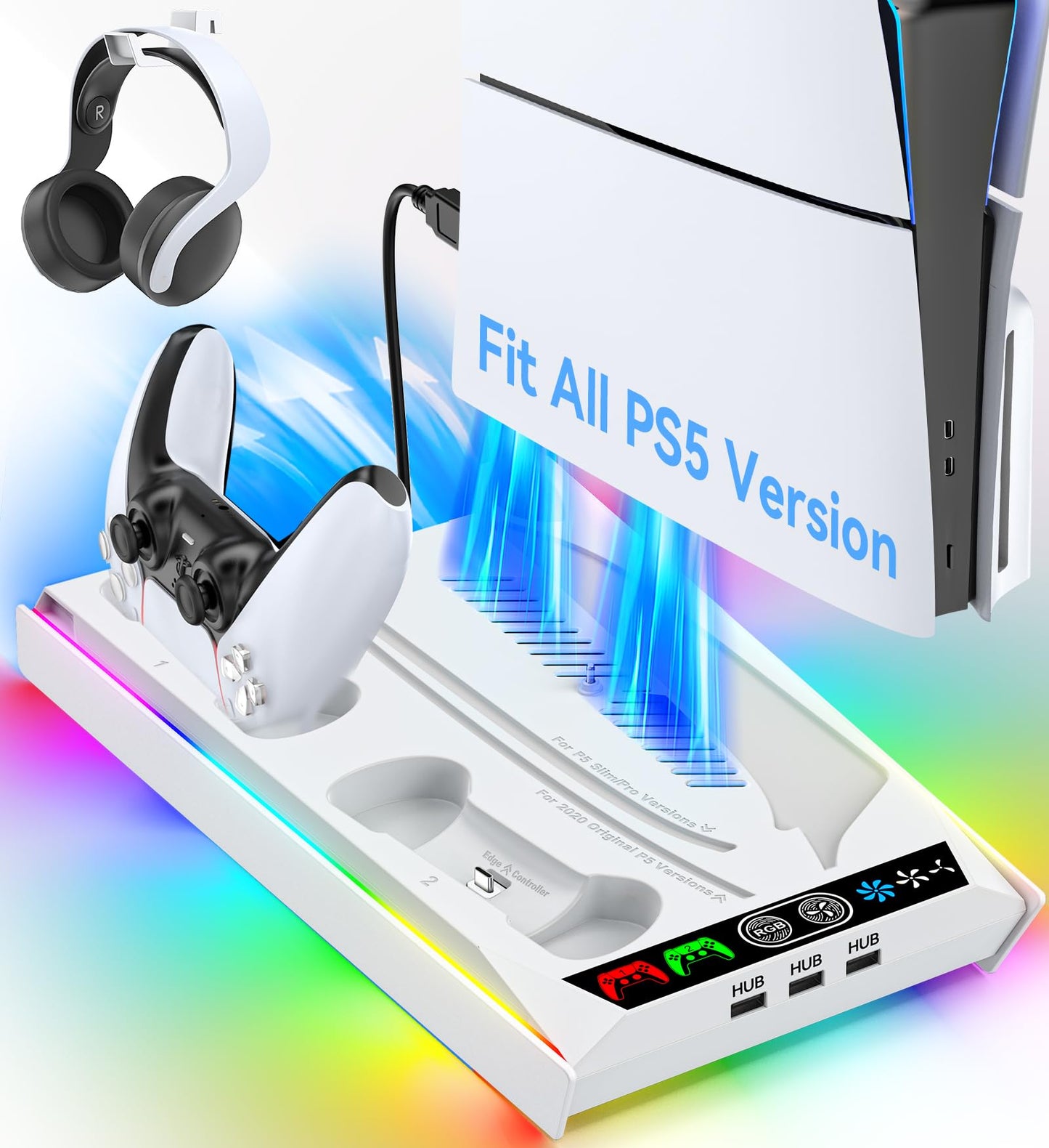 PS5/Slim/Pro Stand for Disc & Digital Console, PS5 Cooling & Charging Station with RGB Lights, PS5 Controller Charger Built-in 3 Level & AUTO Adjustable Fan, PS5/Slim/Pro Accessories Comes 3 USB Ports