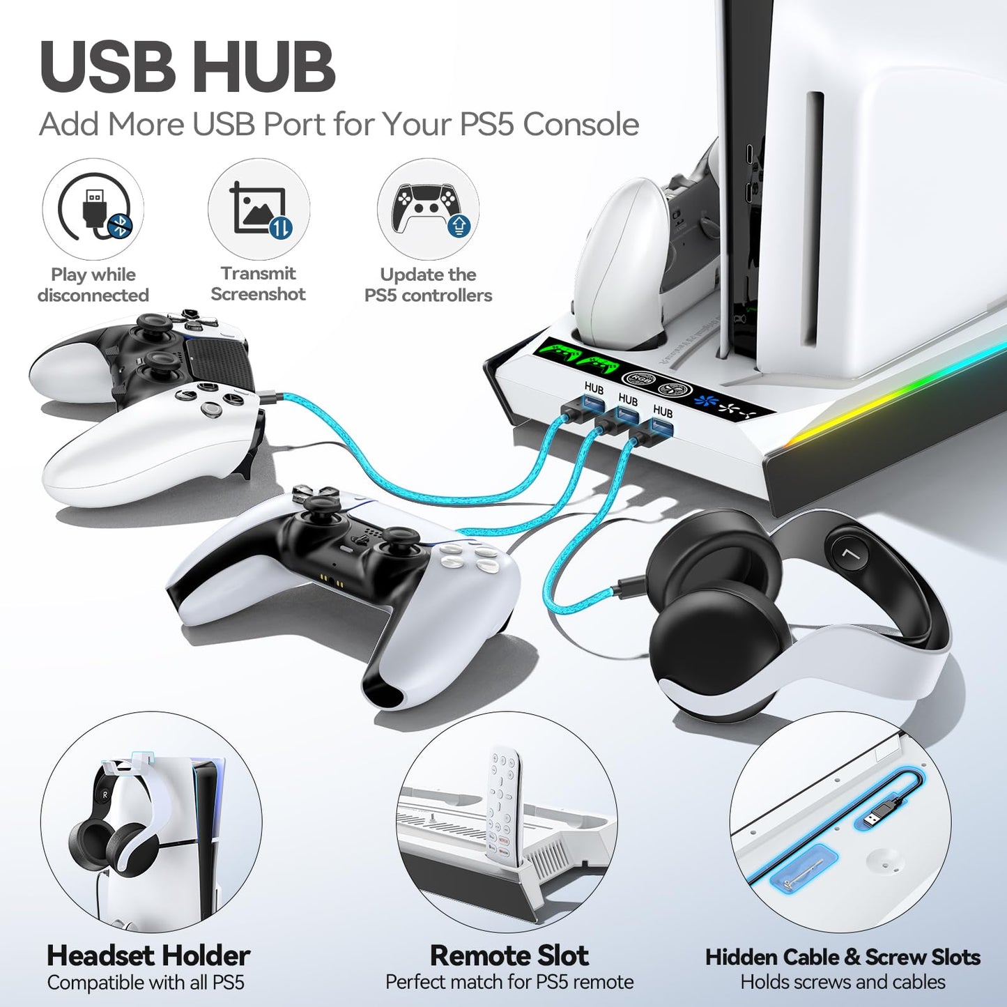 PS5/Slim/Pro Stand for Disc & Digital Console, PS5 Cooling & Charging Station with RGB Lights, PS5 Controller Charger Built-in 3 Level & AUTO Adjustable Fan, PS5/Slim/Pro Accessories Comes 3 USB Ports