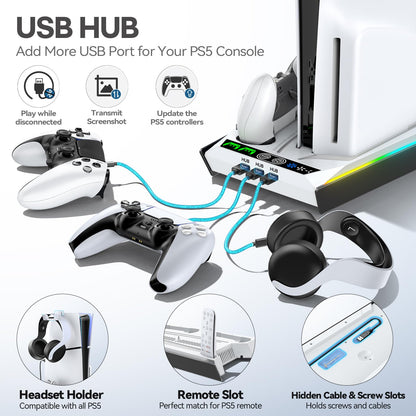 PS5/Slim/Pro Stand for Disc & Digital Console, PS5 Cooling & Charging Station with RGB Lights, PS5 Controller Charger Built-in 3 Level & AUTO Adjustable Fan, PS5/Slim/Pro Accessories Comes 3 USB Ports