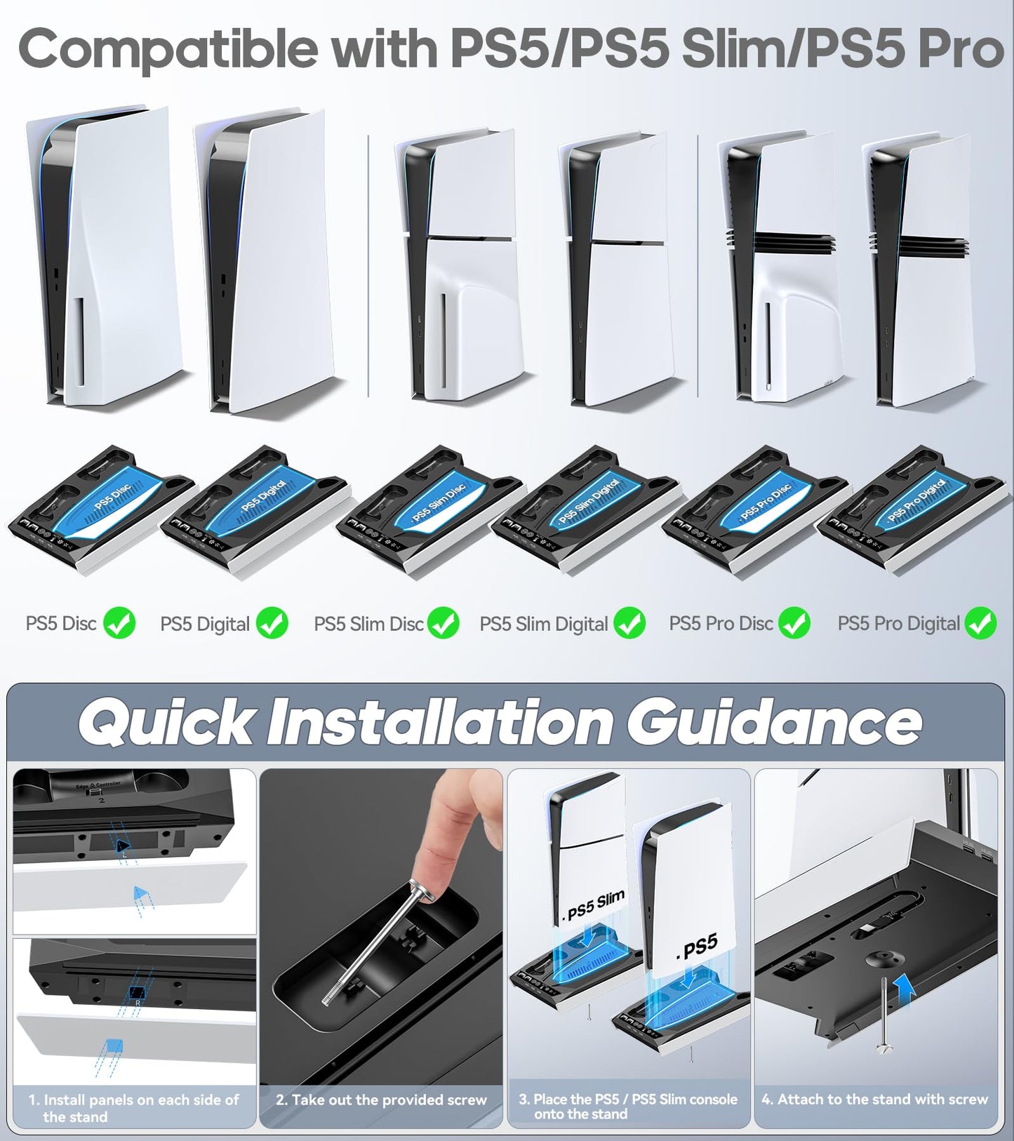 PS5/Slim/Pro Stand for Disc & Digital Console, PS5 Cooling & Charging Station with RGB Lights, PS5 Controller Charger Built-in 3 Level & AUTO Adjustable Fan, PS5/Slim/Pro Accessories Comes 3 USB Ports