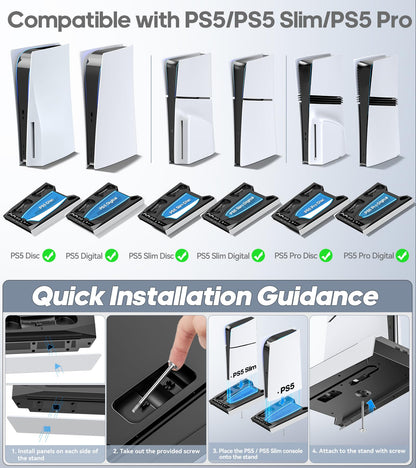 PS5/Slim/Pro Stand for Disc & Digital Console, PS5 Cooling & Charging Station with RGB Lights, PS5 Controller Charger Built-in 3 Level & AUTO Adjustable Fan, PS5/Slim/Pro Accessories Comes 3 USB Ports