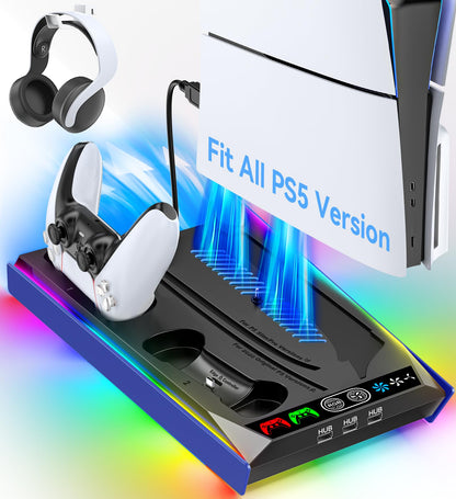 PS5/Slim/Pro Stand for Disc & Digital Console, PS5 Cooling & Charging Station with RGB Lights, PS5 Controller Charger Built-in 3 Level & AUTO Adjustable Fan, PS5/Slim/Pro Accessories Comes 3 USB Ports