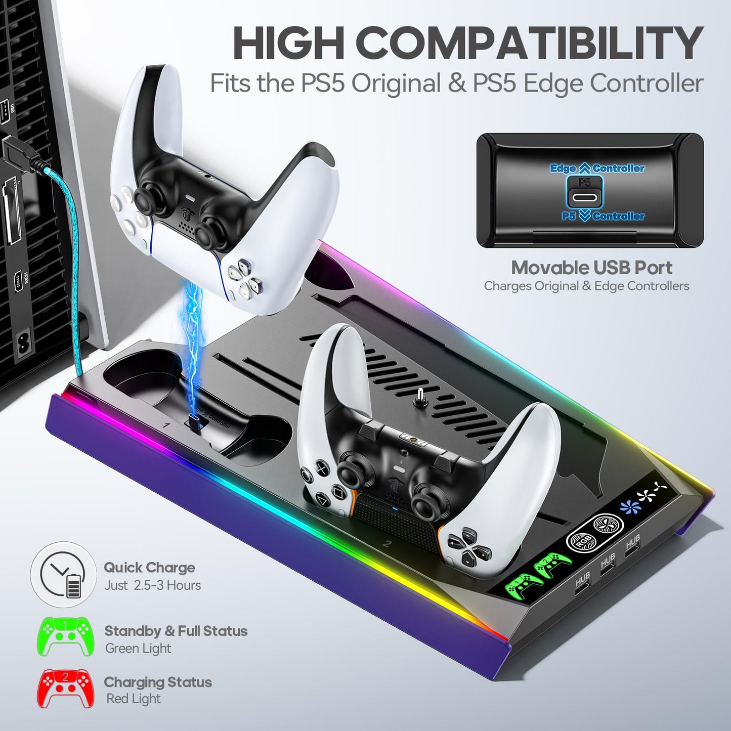 PS5/Slim/Pro Stand for Disc & Digital Console, PS5 Cooling & Charging Station with RGB Lights, PS5 Controller Charger Built-in 3 Level & AUTO Adjustable Fan, PS5/Slim/Pro Accessories Comes 3 USB Ports
