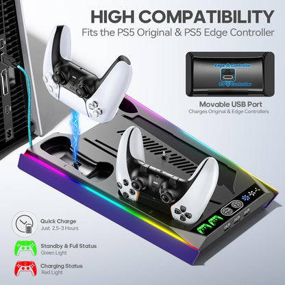 PS5/Slim/Pro Stand for Disc & Digital Console, PS5 Cooling & Charging Station with RGB Lights, PS5 Controller Charger Built-in 3 Level & AUTO Adjustable Fan, PS5/Slim/Pro Accessories Comes 3 USB Ports