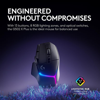Logitech G502 X Plus Wireless Gaming Mouse - LIGHTSPEED Optical, LIGHTFORCE Switches, LIGHTSYNC RGB, HERO 25K Sensor for PC/Mac - Black