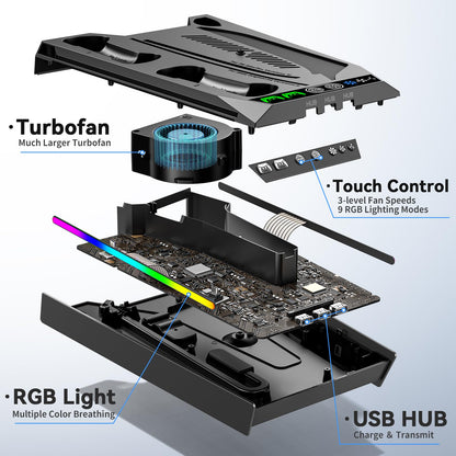 PS5/Slim/Pro Stand for Disc & Digital Console, PS5 Cooling & Charging Station with RGB Lights, PS5 Controller Charger Built-in 3 Level & AUTO Adjustable Fan, PS5/Slim/Pro Accessories Comes 3 USB Ports