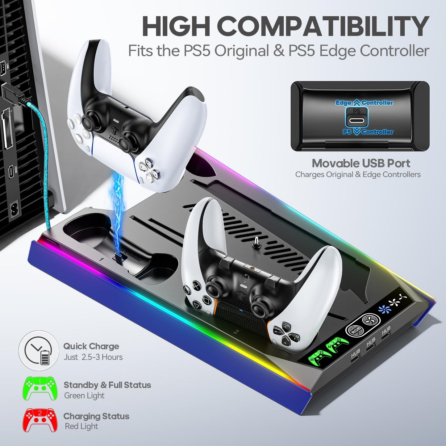 PS5/Slim/Pro Stand for Disc & Digital Console, PS5 Cooling & Charging Station with RGB Lights, PS5 Controller Charger Built-in 3 Level & AUTO Adjustable Fan, PS5/Slim/Pro Accessories Comes 3 USB Ports