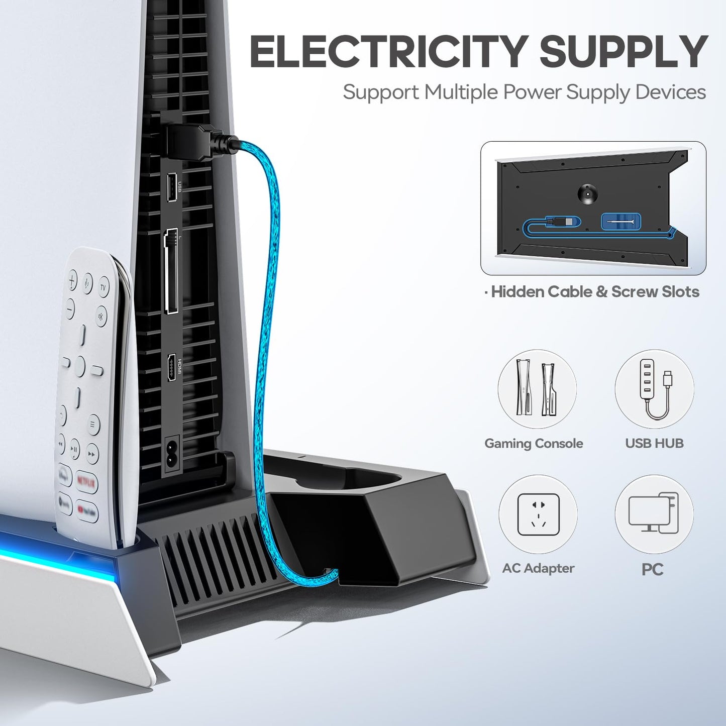 PS5/Slim/Pro Stand for Disc & Digital Console, PS5 Cooling & Charging Station with RGB Lights, PS5 Controller Charger Built-in 3 Level & AUTO Adjustable Fan, PS5/Slim/Pro Accessories Comes 3 USB Ports