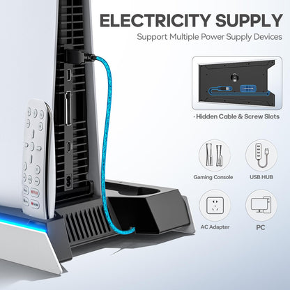 PS5/Slim/Pro Stand for Disc & Digital Console, PS5 Cooling & Charging Station with RGB Lights, PS5 Controller Charger Built-in 3 Level & AUTO Adjustable Fan, PS5/Slim/Pro Accessories Comes 3 USB Ports
