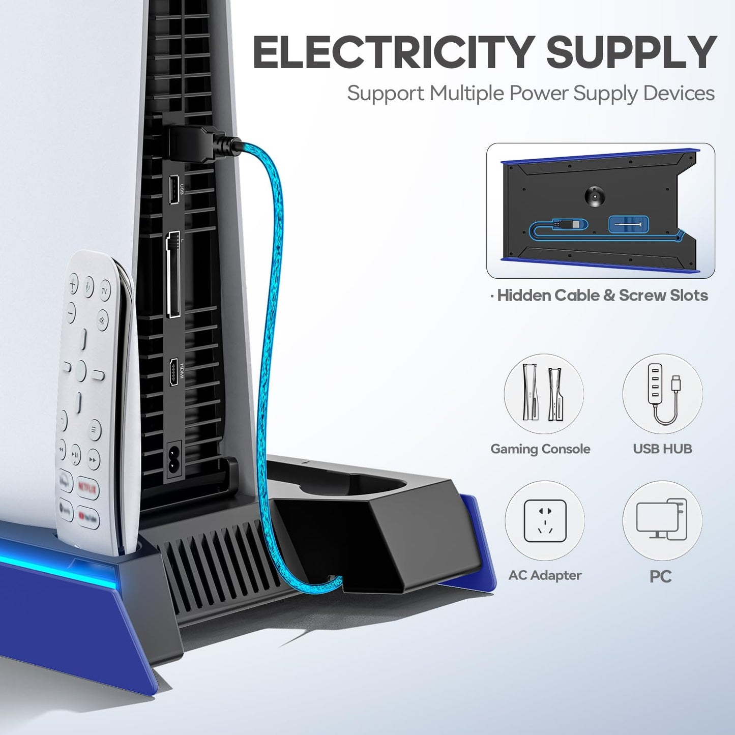 PS5/Slim/Pro Stand for Disc & Digital Console, PS5 Cooling & Charging Station with RGB Lights, PS5 Controller Charger Built-in 3 Level & AUTO Adjustable Fan, PS5/Slim/Pro Accessories Comes 3 USB Ports