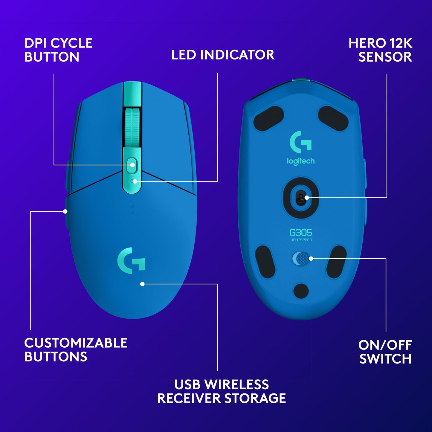 Logitech G305 LIGHTSPEED Wireless Gaming Mouse, Hero 12K Sensor, 12,000 DPI, Lightweight, 6 Programmable Buttons, 250h Battery Life, On-Board Memory, PC/Mac - Black
