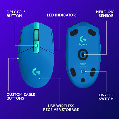 Logitech G305 LIGHTSPEED Wireless Gaming Mouse, Hero 12K Sensor, 12,000 DPI, Lightweight, 6 Programmable Buttons, 250h Battery Life, On-Board Memory, PC/Mac - Black