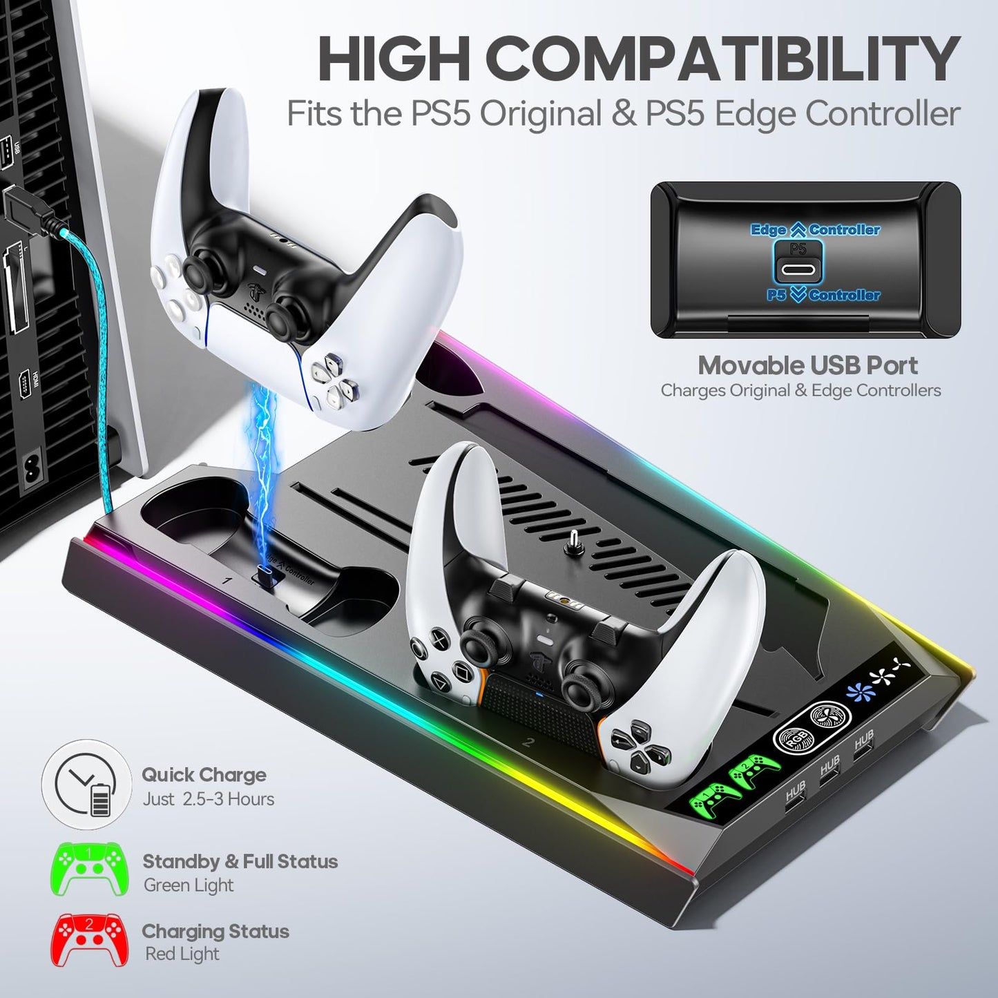 PS5/Slim/Pro Stand for Disc & Digital Console, PS5 Cooling & Charging Station with RGB Lights, PS5 Controller Charger Built-in 3 Level & AUTO Adjustable Fan, PS5/Slim/Pro Accessories Comes 3 USB Ports