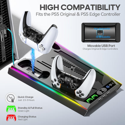 PS5/Slim/Pro Stand for Disc & Digital Console, PS5 Cooling & Charging Station with RGB Lights, PS5 Controller Charger Built-in 3 Level & AUTO Adjustable Fan, PS5/Slim/Pro Accessories Comes 3 USB Ports