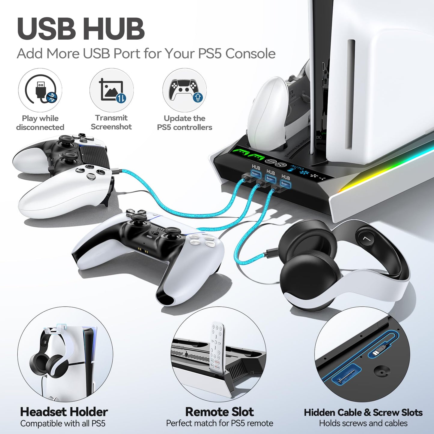 PS5/Slim/Pro Stand for Disc & Digital Console, PS5 Cooling & Charging Station with RGB Lights, PS5 Controller Charger Built-in 3 Level & AUTO Adjustable Fan, PS5/Slim/Pro Accessories Comes 3 USB Ports