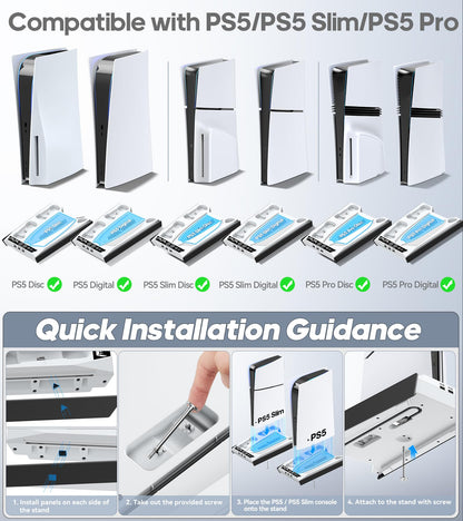 PS5/Slim/Pro Stand for Disc & Digital Console, PS5 Cooling & Charging Station with RGB Lights, PS5 Controller Charger Built-in 3 Level & AUTO Adjustable Fan, PS5/Slim/Pro Accessories Comes 3 USB Ports