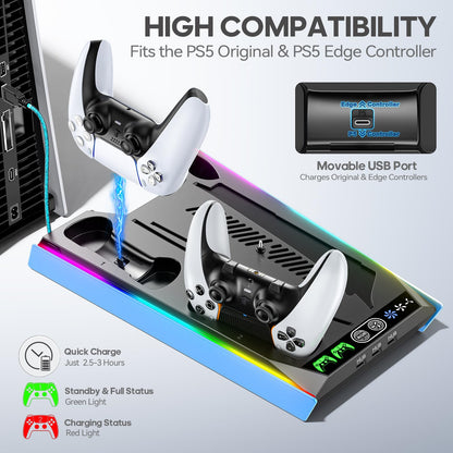 PS5/Slim/Pro Stand for Disc & Digital Console, PS5 Cooling & Charging Station with RGB Lights, PS5 Controller Charger Built-in 3 Level & AUTO Adjustable Fan, PS5/Slim/Pro Accessories Comes 3 USB Ports