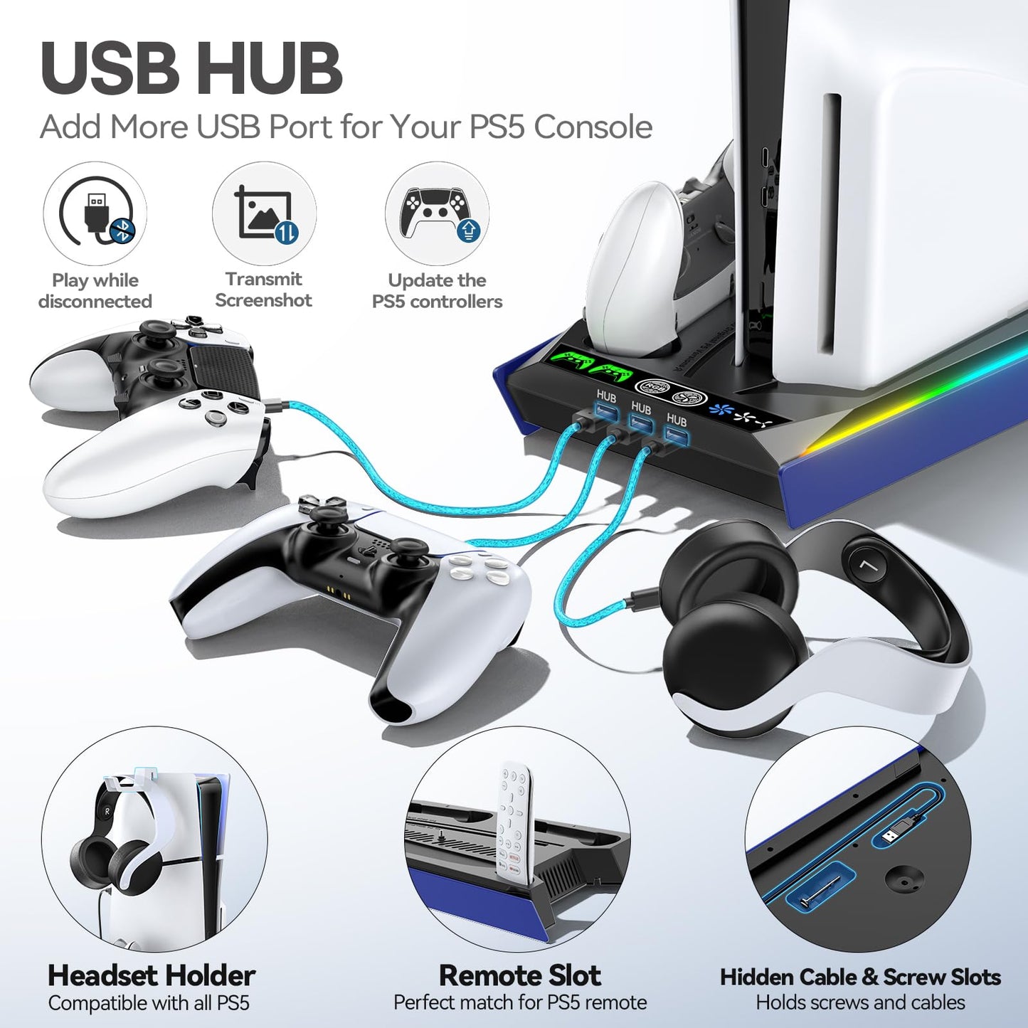 PS5/Slim/Pro Stand for Disc & Digital Console, PS5 Cooling & Charging Station with RGB Lights, PS5 Controller Charger Built-in 3 Level & AUTO Adjustable Fan, PS5/Slim/Pro Accessories Comes 3 USB Ports