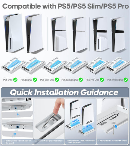 PS5/Slim/Pro Stand for Disc & Digital Console, PS5 Cooling & Charging Station with RGB Lights, PS5 Controller Charger Built-in 3 Level & AUTO Adjustable Fan, PS5/Slim/Pro Accessories Comes 3 USB Ports