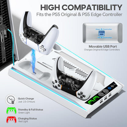 PS5/Slim/Pro Stand for Disc & Digital Console, PS5 Cooling & Charging Station with RGB Lights, PS5 Controller Charger Built-in 3 Level & AUTO Adjustable Fan, PS5/Slim/Pro Accessories Comes 3 USB Ports