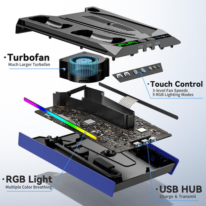 PS5/Slim/Pro Stand for Disc & Digital Console, PS5 Cooling & Charging Station with RGB Lights, PS5 Controller Charger Built-in 3 Level & AUTO Adjustable Fan, PS5/Slim/Pro Accessories Comes 3 USB Ports