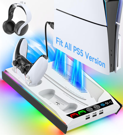 PS5/Slim/Pro Stand for Disc & Digital Console, PS5 Cooling & Charging Station with RGB Lights, PS5 Controller Charger Built-in 3 Level & AUTO Adjustable Fan, PS5/Slim/Pro Accessories Comes 3 USB Ports