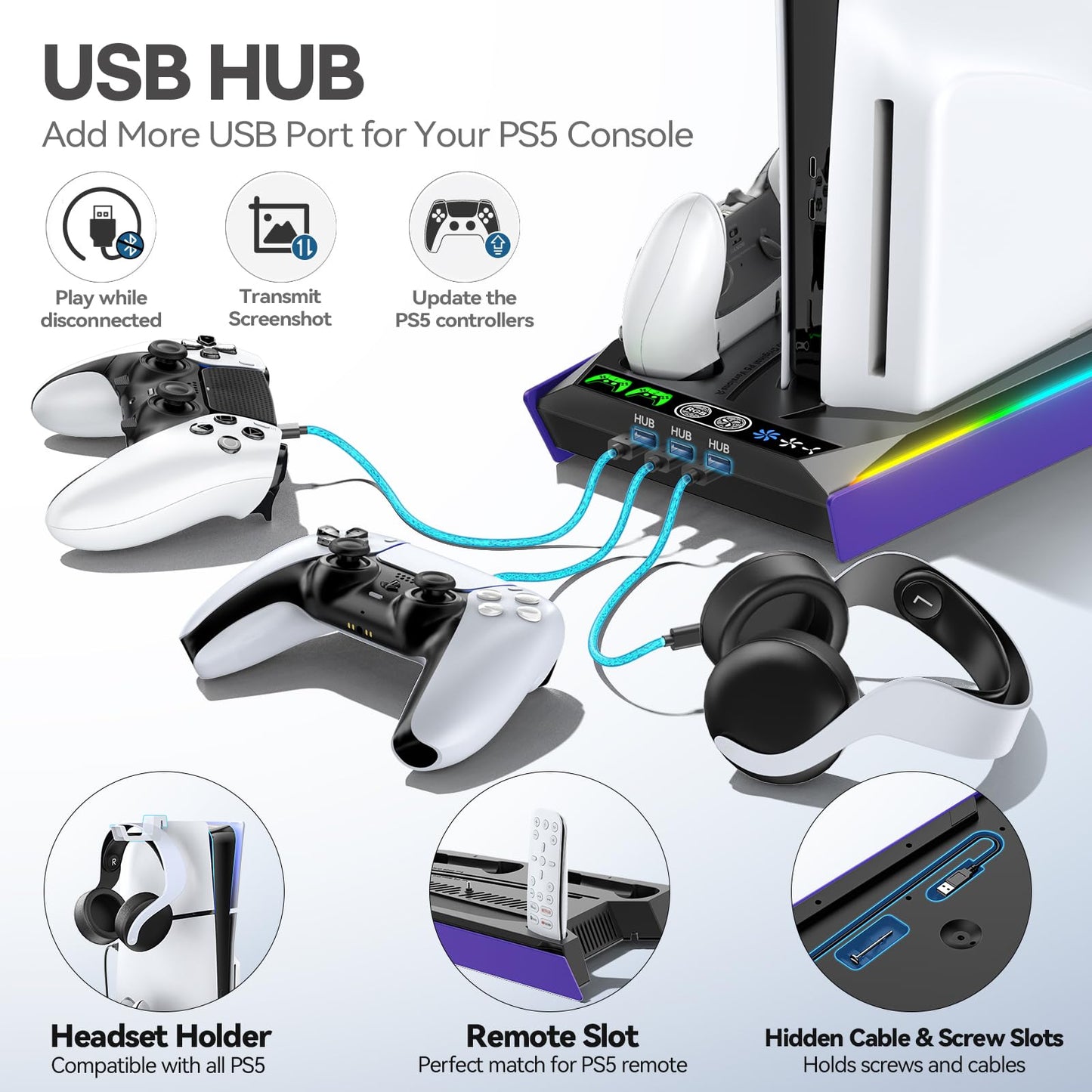 PS5/Slim/Pro Stand for Disc & Digital Console, PS5 Cooling & Charging Station with RGB Lights, PS5 Controller Charger Built-in 3 Level & AUTO Adjustable Fan, PS5/Slim/Pro Accessories Comes 3 USB Ports