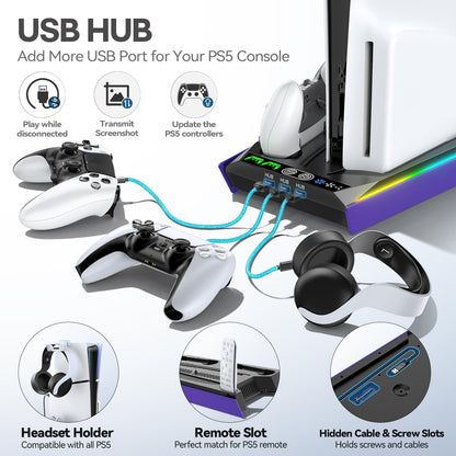 PS5/Slim/Pro Stand for Disc & Digital Console, PS5 Cooling & Charging Station with RGB Lights, PS5 Controller Charger Built-in 3 Level & AUTO Adjustable Fan, PS5/Slim/Pro Accessories Comes 3 USB Ports