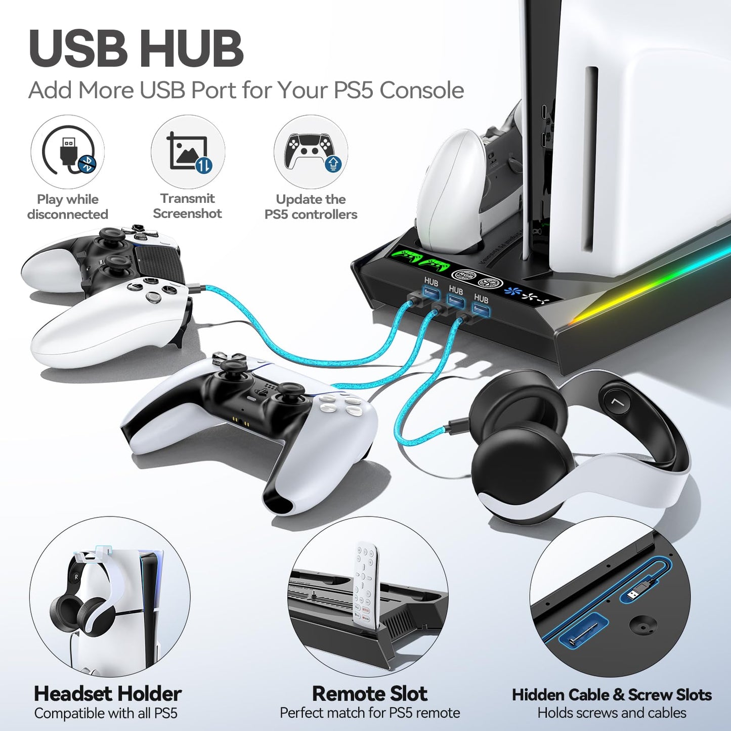 PS5/Slim/Pro Stand for Disc & Digital Console, PS5 Cooling & Charging Station with RGB Lights, PS5 Controller Charger Built-in 3 Level & AUTO Adjustable Fan, PS5/Slim/Pro Accessories Comes 3 USB Ports