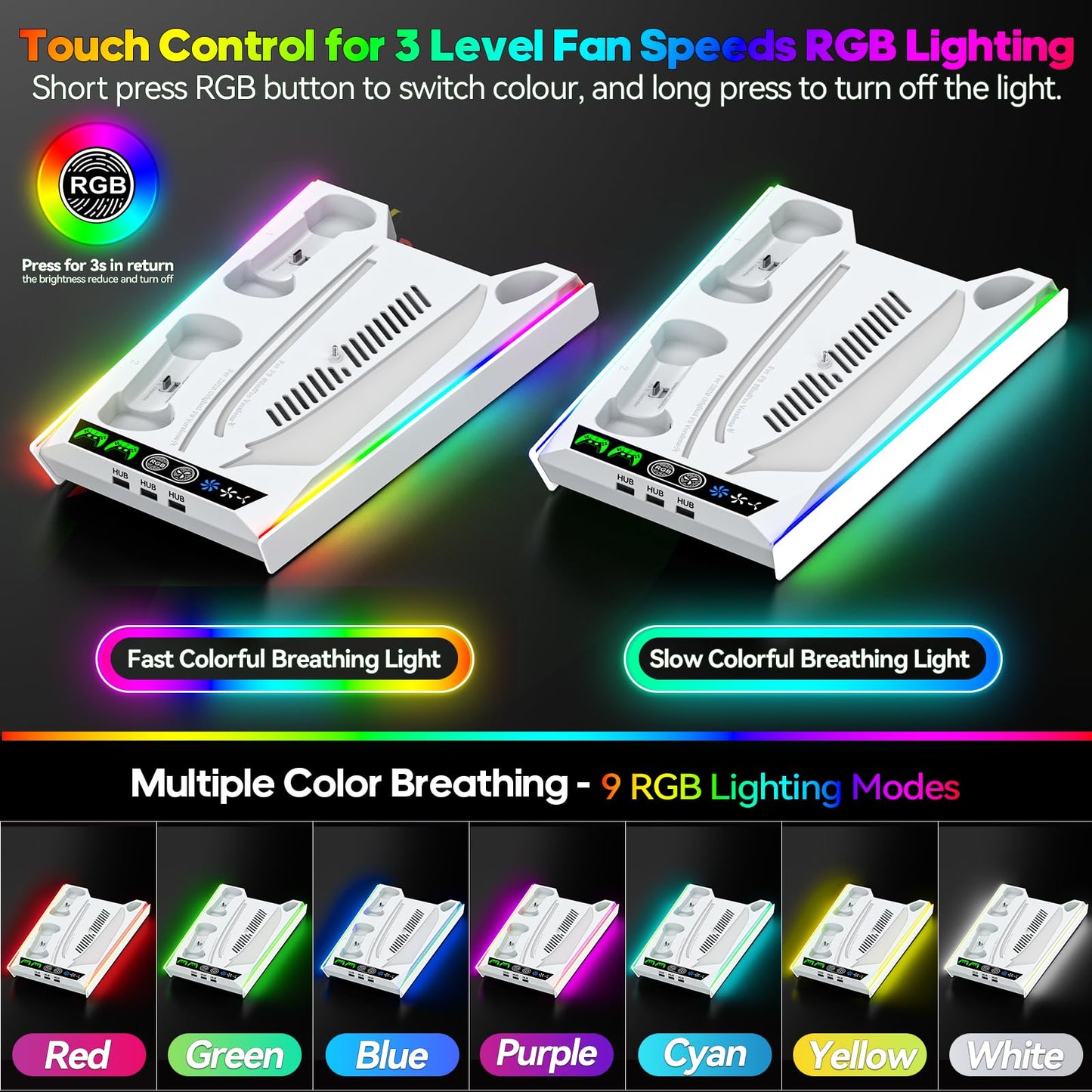 PS5/Slim/Pro Stand for Disc & Digital Console, PS5 Cooling & Charging Station with RGB Lights, PS5 Controller Charger Built-in 3 Level & AUTO Adjustable Fan, PS5/Slim/Pro Accessories Comes 3 USB Ports