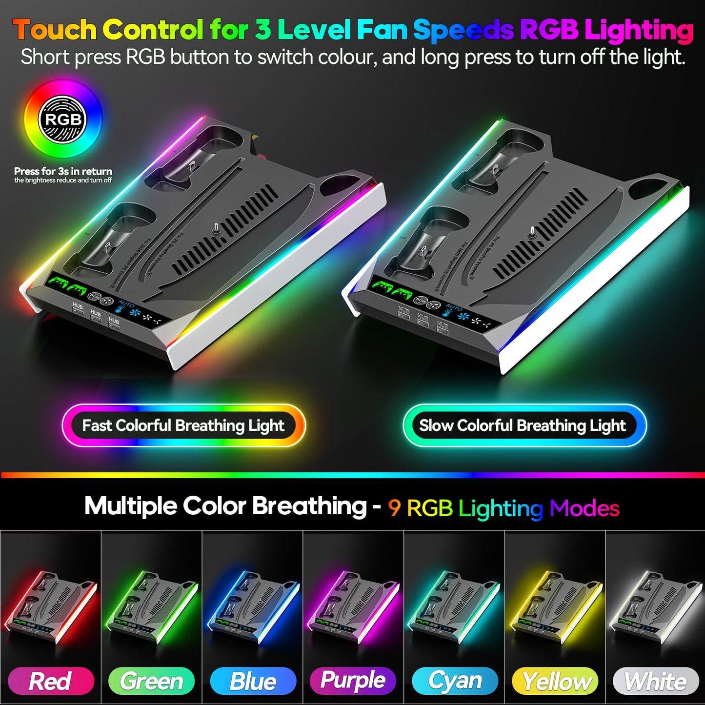 PS5/Slim/Pro Stand for Disc & Digital Console, PS5 Cooling & Charging Station with RGB Lights, PS5 Controller Charger Built-in 3 Level & AUTO Adjustable Fan, PS5/Slim/Pro Accessories Comes 3 USB Ports