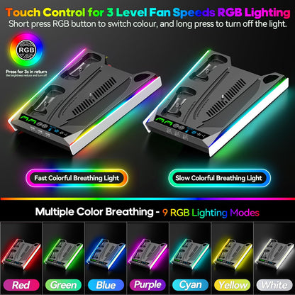 PS5/Slim/Pro Stand for Disc & Digital Console, PS5 Cooling & Charging Station with RGB Lights, PS5 Controller Charger Built-in 3 Level & AUTO Adjustable Fan, PS5/Slim/Pro Accessories Comes 3 USB Ports
