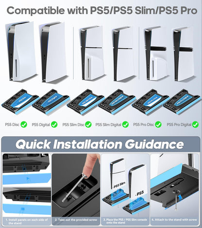 PS5/Slim/Pro Stand for Disc & Digital Console, PS5 Cooling & Charging Station with RGB Lights, PS5 Controller Charger Built-in 3 Level & AUTO Adjustable Fan, PS5/Slim/Pro Accessories Comes 3 USB Ports