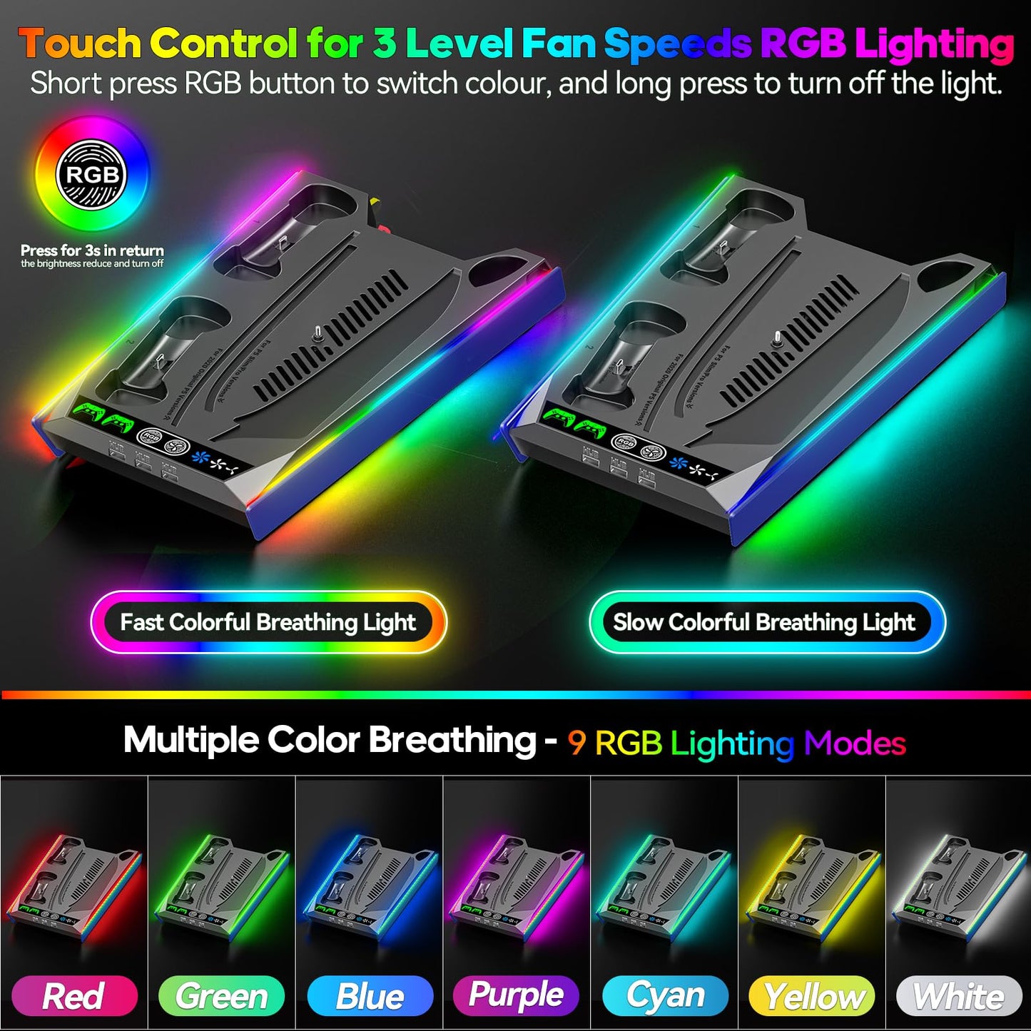 PS5/Slim/Pro Stand for Disc & Digital Console, PS5 Cooling & Charging Station with RGB Lights, PS5 Controller Charger Built-in 3 Level & AUTO Adjustable Fan, PS5/Slim/Pro Accessories Comes 3 USB Ports