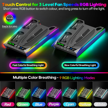 PS5/Slim/Pro Stand for Disc & Digital Console, PS5 Cooling & Charging Station with RGB Lights, PS5 Controller Charger Built-in 3 Level & AUTO Adjustable Fan, PS5/Slim/Pro Accessories Comes 3 USB Ports
