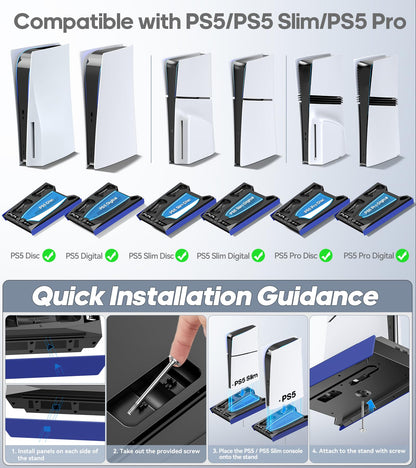 PS5/Slim/Pro Stand for Disc & Digital Console, PS5 Cooling & Charging Station with RGB Lights, PS5 Controller Charger Built-in 3 Level & AUTO Adjustable Fan, PS5/Slim/Pro Accessories Comes 3 USB Ports