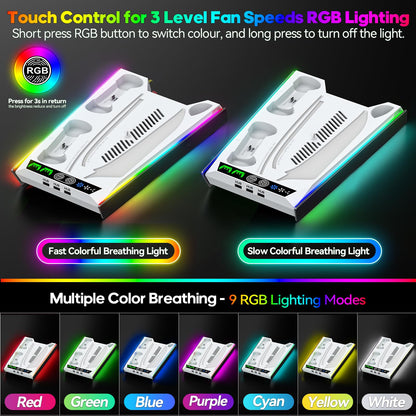 PS5/Slim/Pro Stand for Disc & Digital Console, PS5 Cooling & Charging Station with RGB Lights, PS5 Controller Charger Built-in 3 Level & AUTO Adjustable Fan, PS5/Slim/Pro Accessories Comes 3 USB Ports