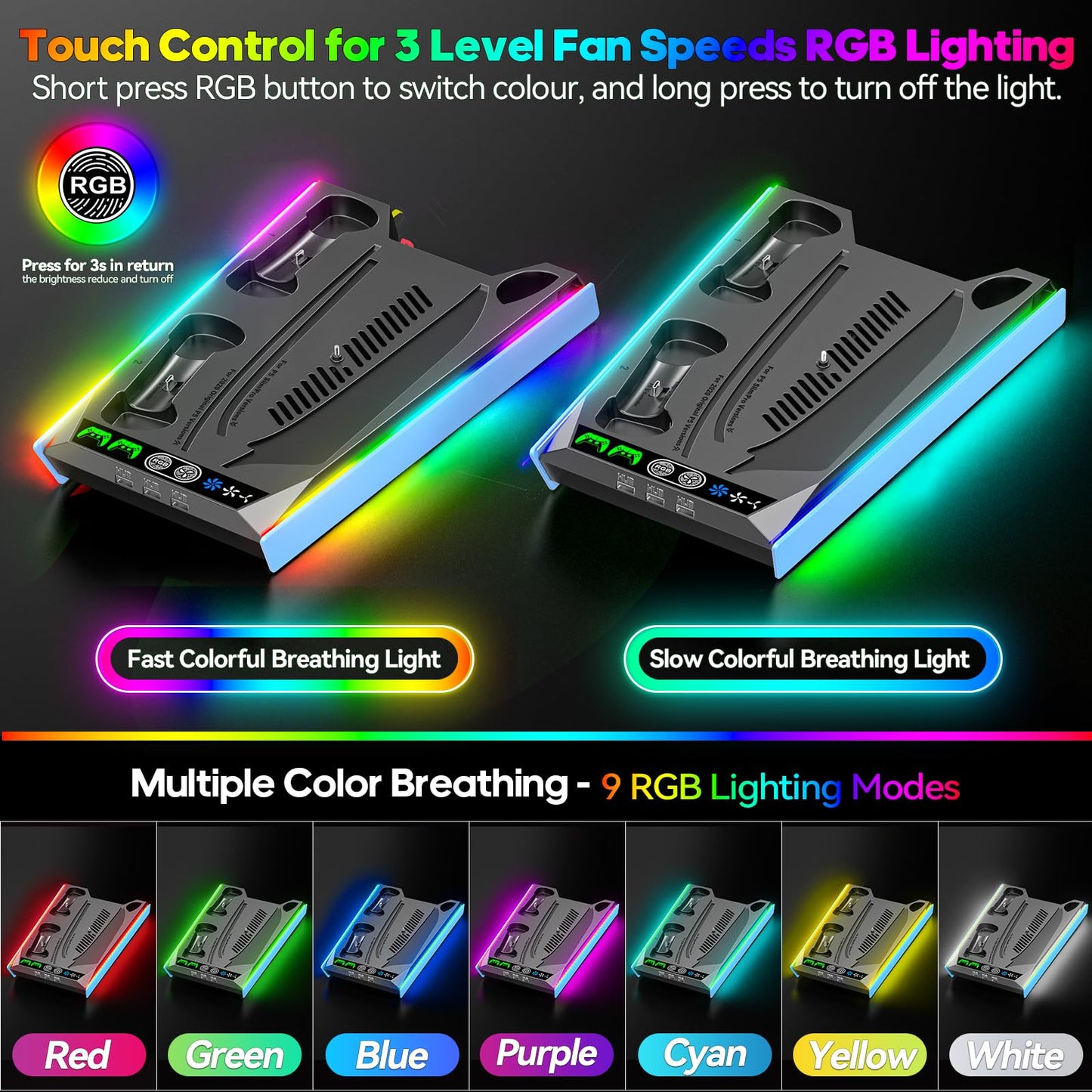 PS5/Slim/Pro Stand for Disc & Digital Console, PS5 Cooling & Charging Station with RGB Lights, PS5 Controller Charger Built-in 3 Level & AUTO Adjustable Fan, PS5/Slim/Pro Accessories Comes 3 USB Ports